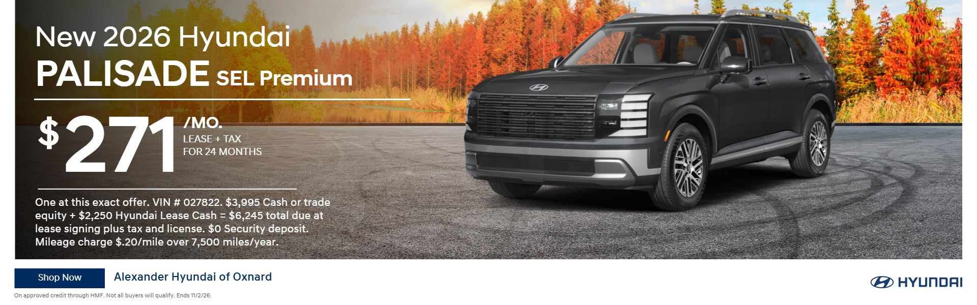 Hyundai Palisade SEL Premium $271/Mo. Lease + tax for 24 Mo